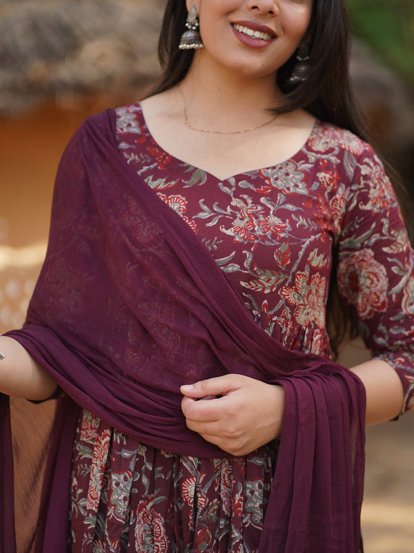 Grey Wine Rose Flare Suit Set - Jonaya