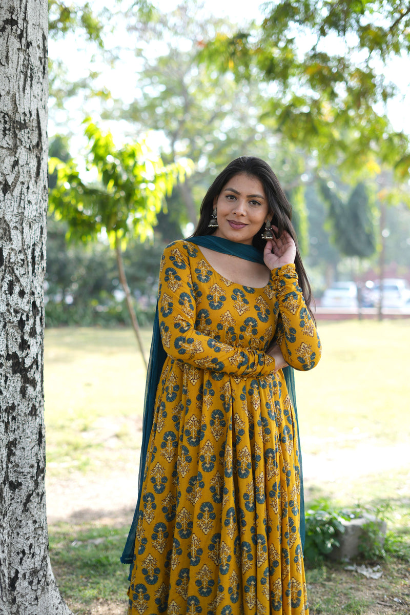 Gulmohar Mustard Anarkali suit set Jonaya
