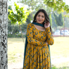 Gulmohar Mustard Anarkali suit set Jonaya