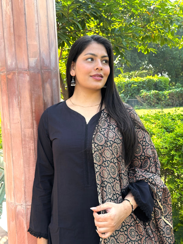 Black Office Solid Ajrakh Straight Suit Set - Jonaya
