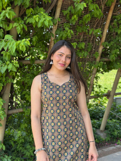 Green Ajrakh booti Straight kameez