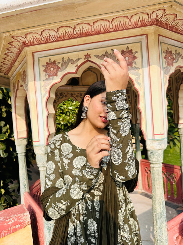 Olive floral Anarkali Suit Set - Jonaya