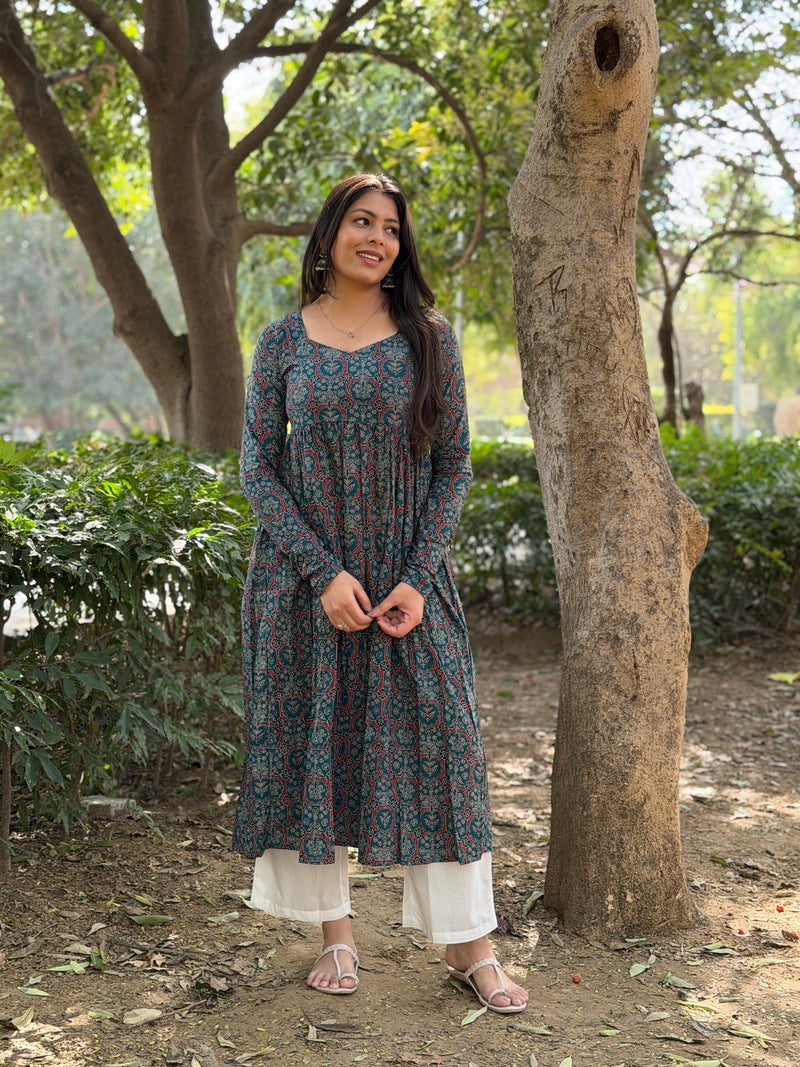 Teal Ajrakh flare kameez Jonaya