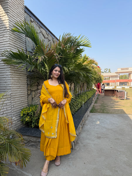 Pure mul cotton haldi anarkali set Jonaya