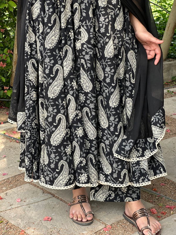 Flory Black Grey Paisley Lace Anarkali Suit Set - Jonaya