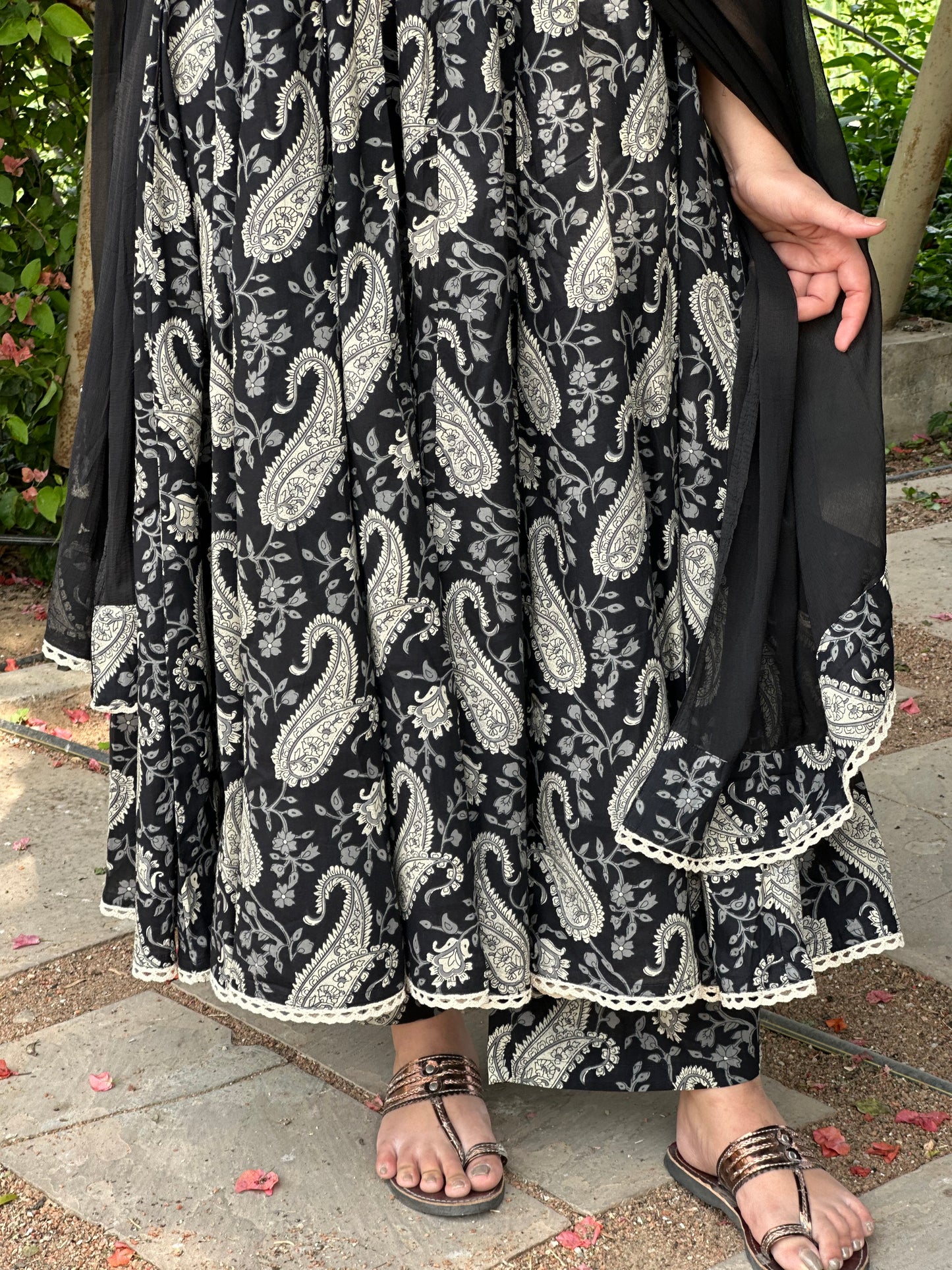 Flory black grey paisley lace Anarkali suit set