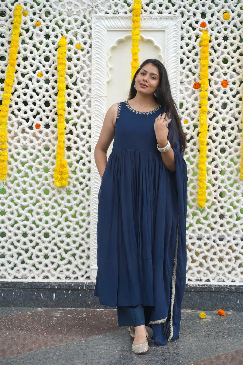 Indigo Gold blush Georgette Anarkali Jonaya