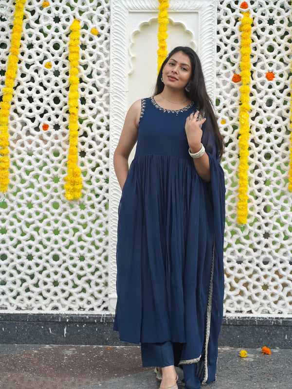 Indigo Gold blush Georgette Anarkali - Jonaya