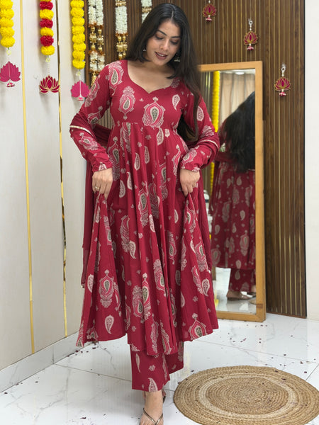 Festive Maroon green paisley Anarkali set Jonaya
