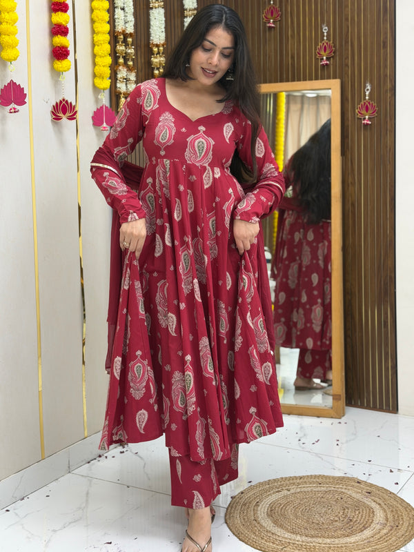 Festive Maroon green paisley Anarkali set Jonaya