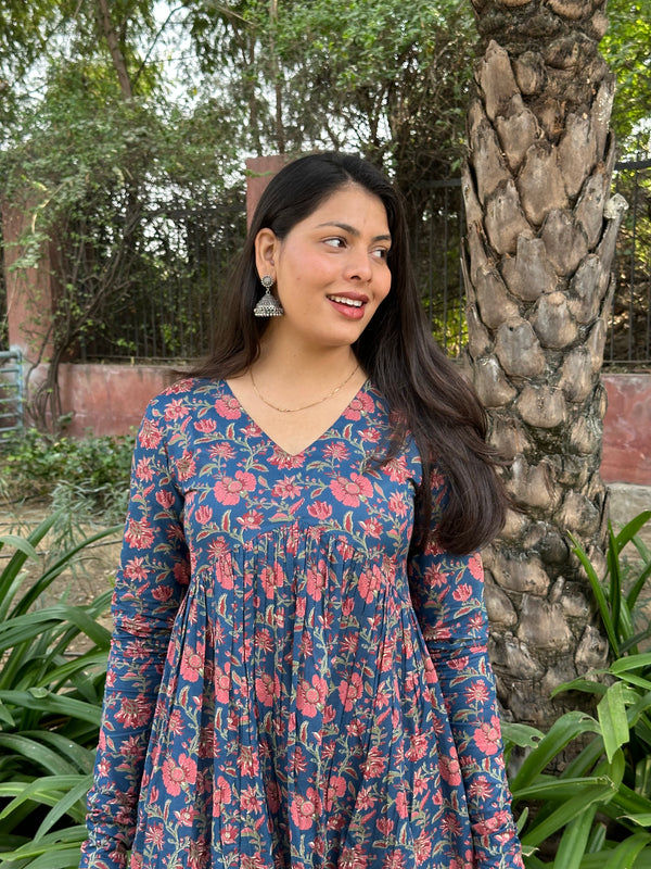 Deep Blue High Slit Flared Kameez - Jonaya