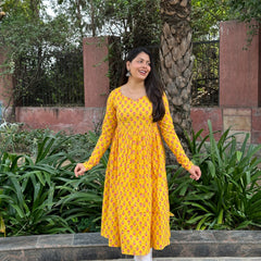 Yellow Pink motif Anarkali kameez - Jonaya