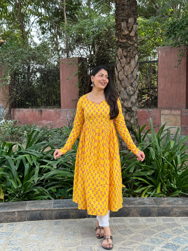 Yellow Pink Motif Anarkali Kameez - Jonaya