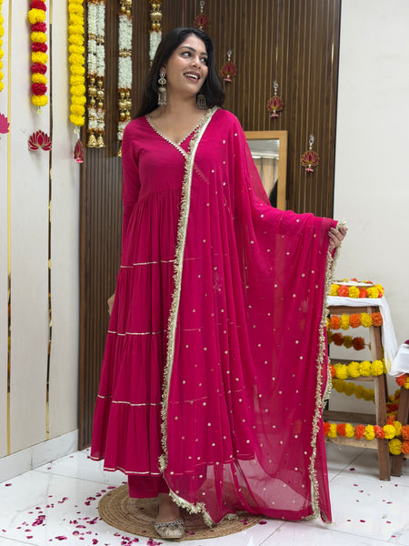 Pink Polki full tier Anarkali set