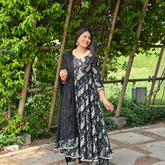 Flory black grey paisley lace Anarkali suit set - Jonaya