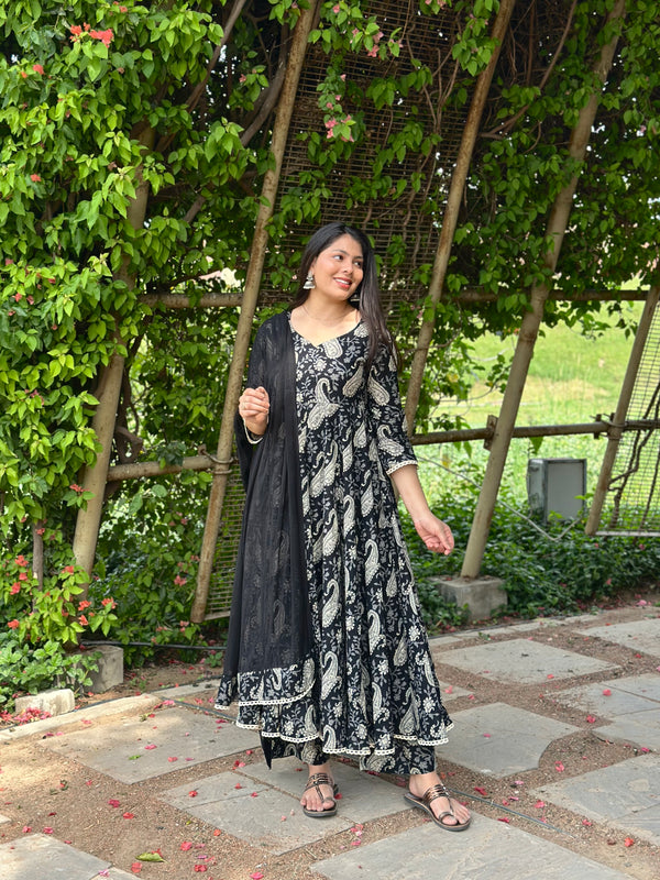 Flory Black Grey Paisley Lace Anarkali Suit Set - Jonaya