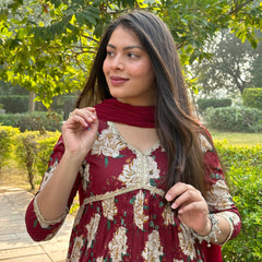 Maroon beige bliss cotton suit set - Jonaya