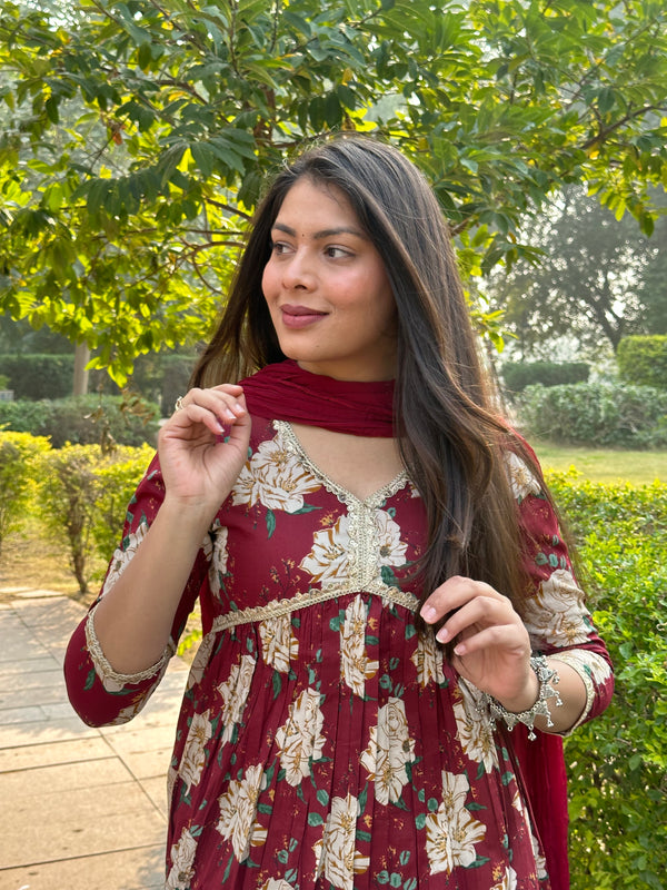 Maroon Beige Bliss Cotton Flare Suit Set - Jonaya