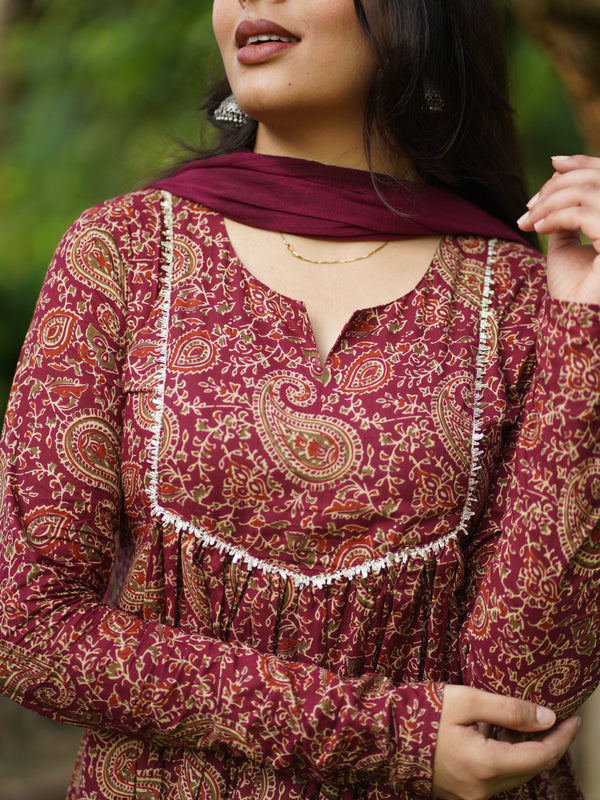 Maroon Paisley Lace Flair Suit Set - Jonaya