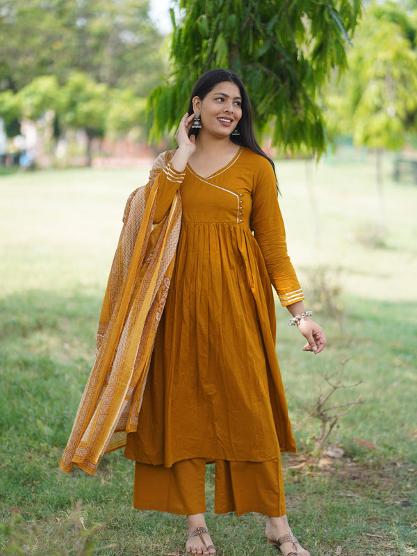 Mustard Solid Angrakha Potli Flare Suit Set - Jonaya
