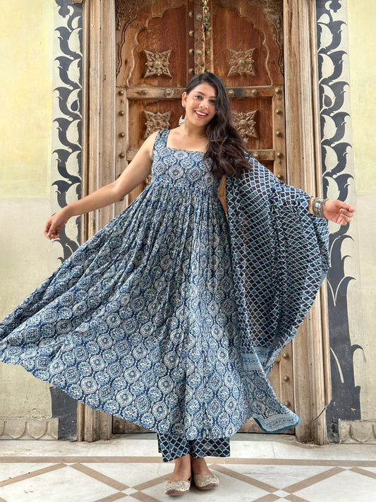Indigo Ajrakh gher suit set