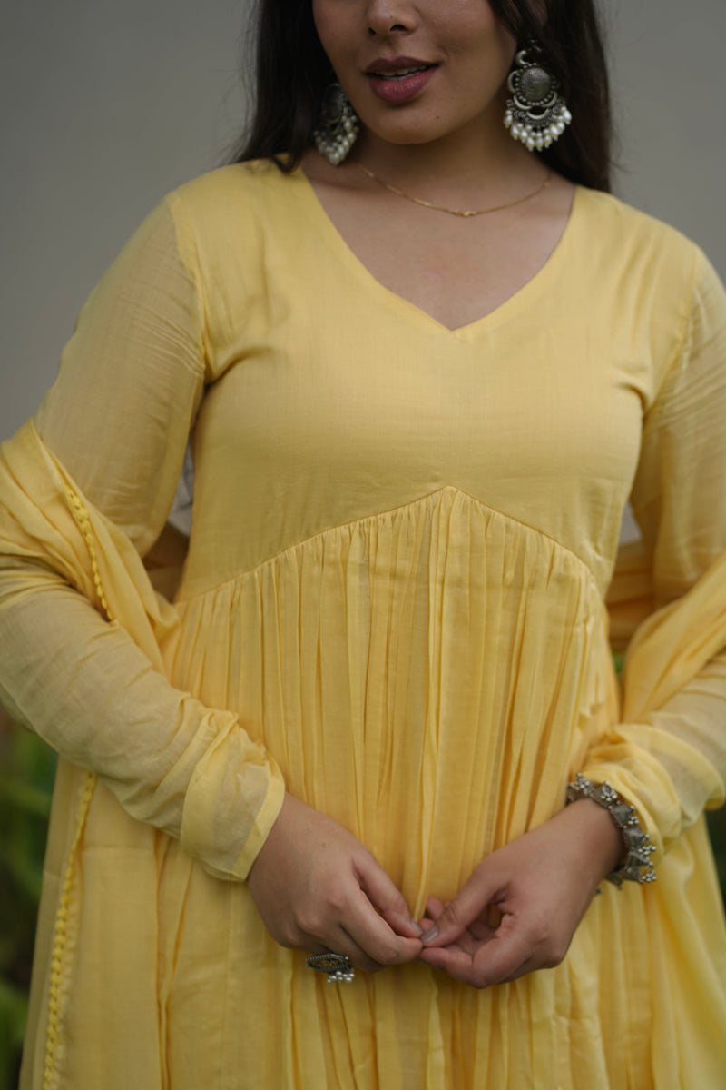 Butter yellow mul cotton flair suit set Jonaya