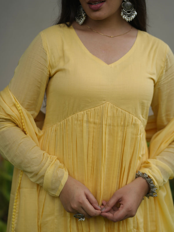 Butter Yellow Mul Cotton Flare Suit Set - Jonaya