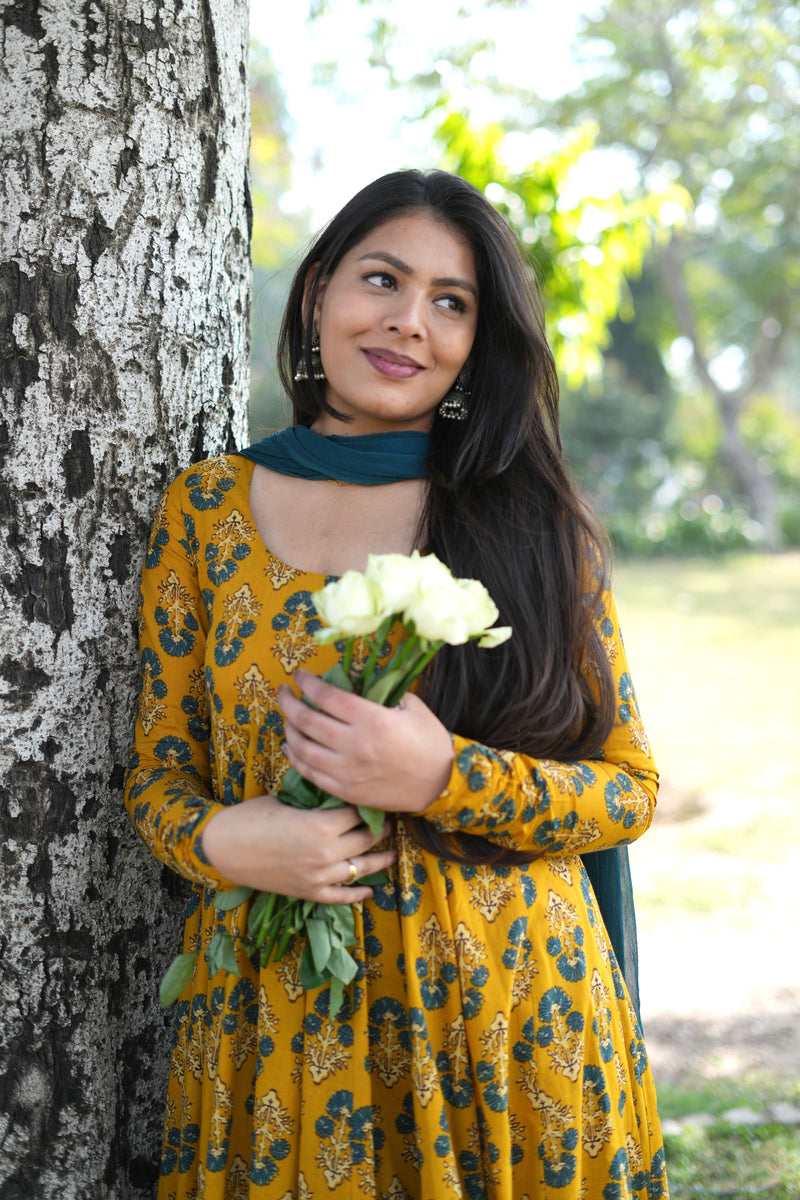 Gulmohar Mustard Anarkali suit set Jonaya