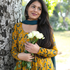 Gulmohar Mustard Anarkali suit set Jonaya
