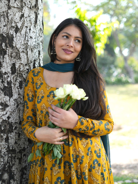 Gulmohar Mustard Anarkali suit set Jonaya