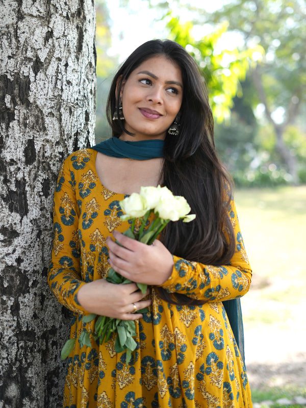 Gulmohar Mustard Anarkali suit set Jonaya
