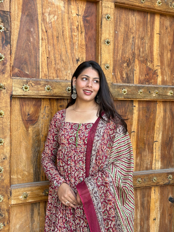 Maroon Kalamkari Flare Suit Set - Jonaya