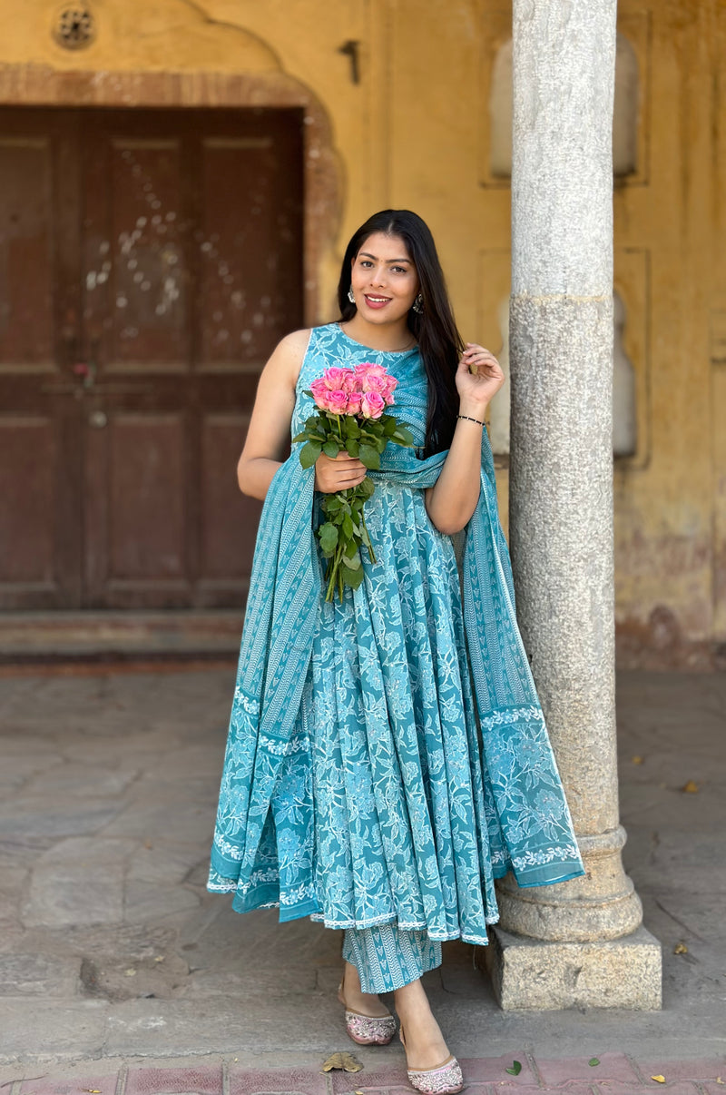 Pastel Sky Floral Anarkali Suit Set – Jonaya - Main Image