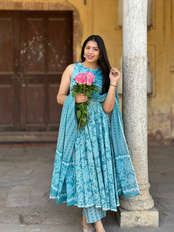 Pastel Sky Floral Anarkali Suit Set - Jonaya