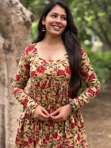 Beige Red garden kameez