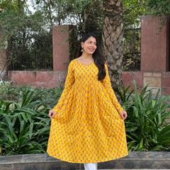 Yellow Pink motif Anarkali kameez - Jonaya