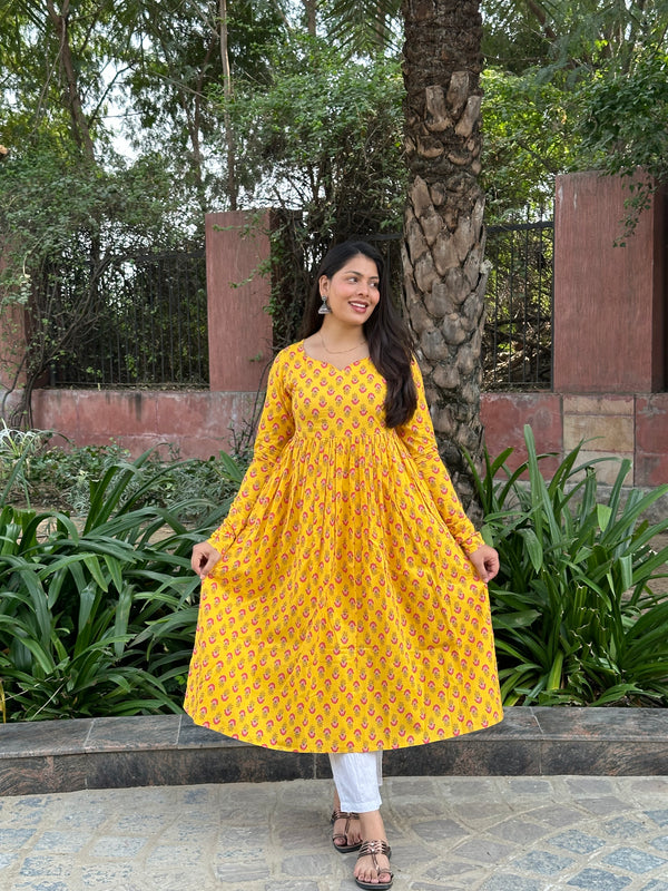 Yellow Pink Motif Anarkali Kameez - Jonaya
