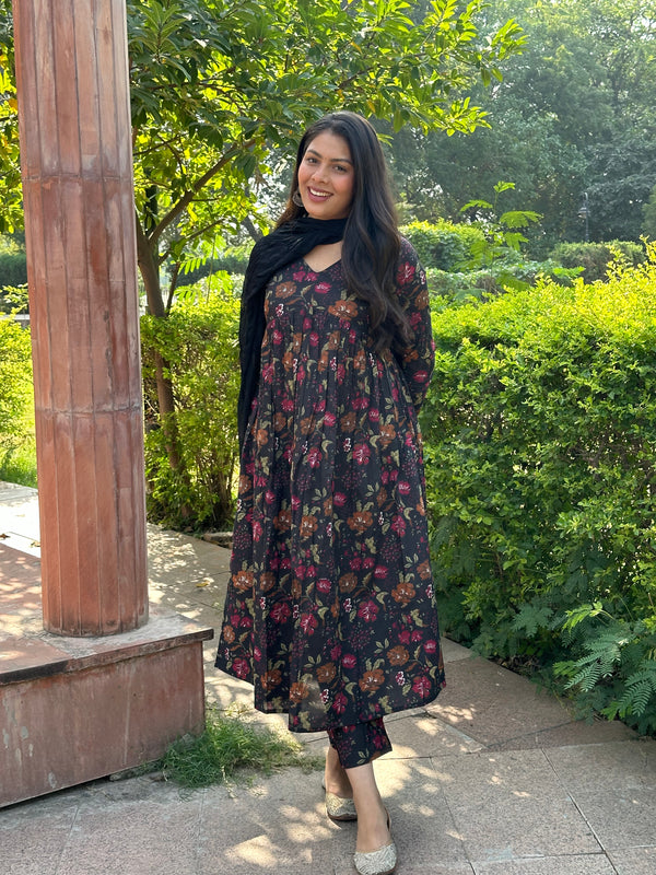 Black Floral Aliacut Suit Set - Jonaya