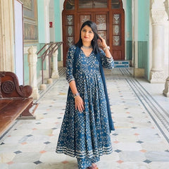 Blue Bhandej Anarkali Suit Set Jonaya