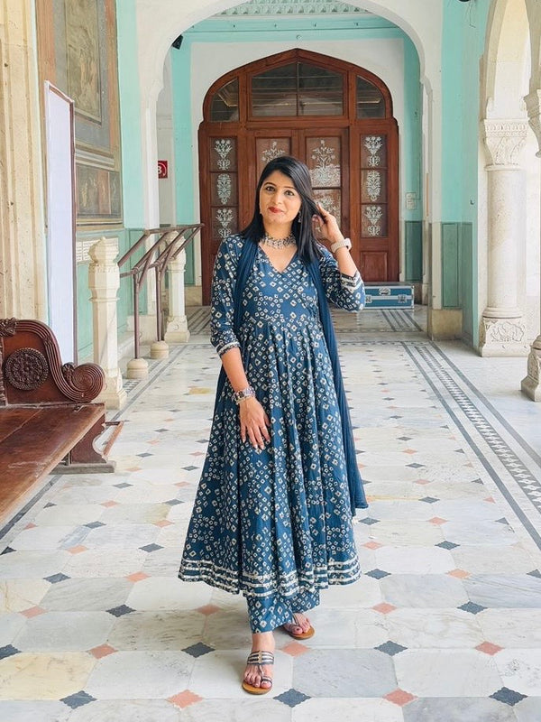 Blue Bhandej Anarkali Suit Set Jonaya