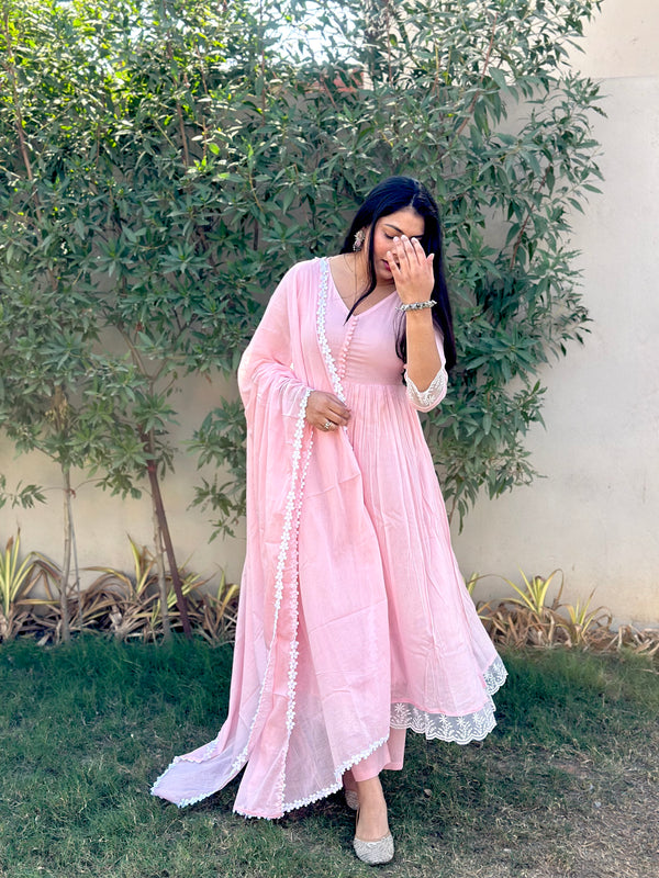 Baby Pink Mul Cotton Flare Suit Set - Jonaya