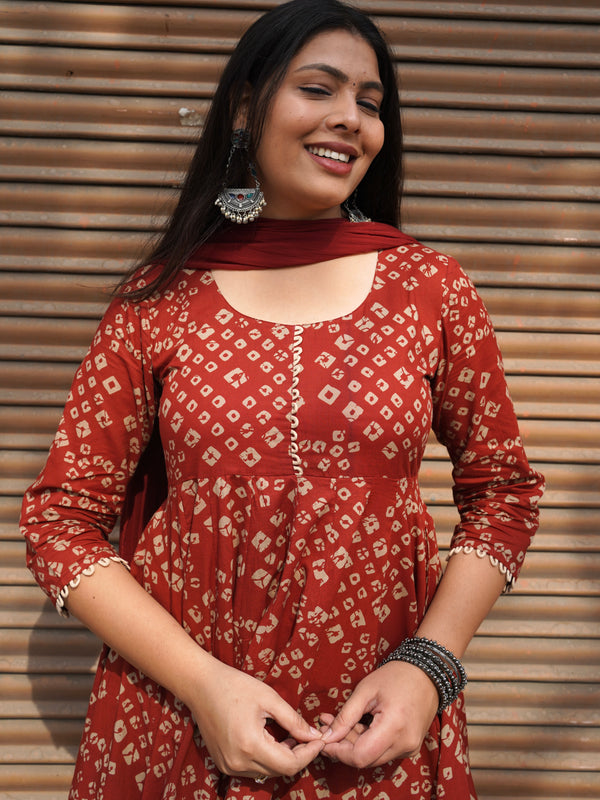 Red Bandhej Anarkali Suit Set - Jonaya