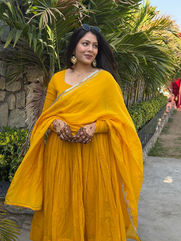 Pure mul cotton haldi anarkali set Jonaya