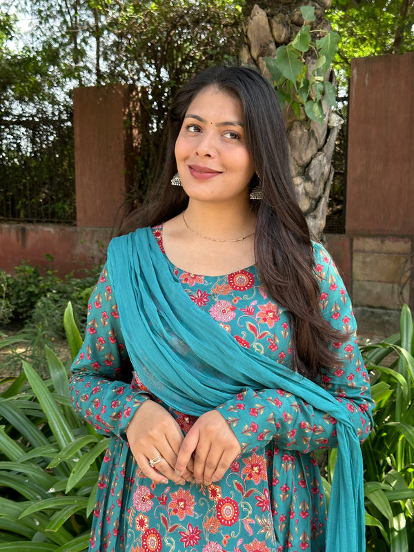 Orange Green Garden Flare Suit Set - Jonaya