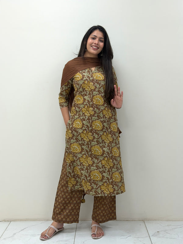 Pastel brown mustard straight suit set Jonaya