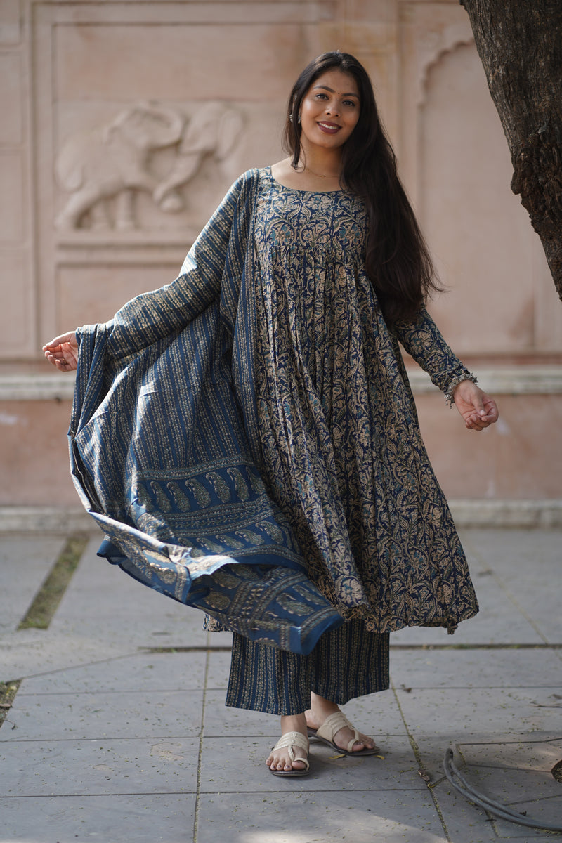 Blue kalamkari anarkali suit set