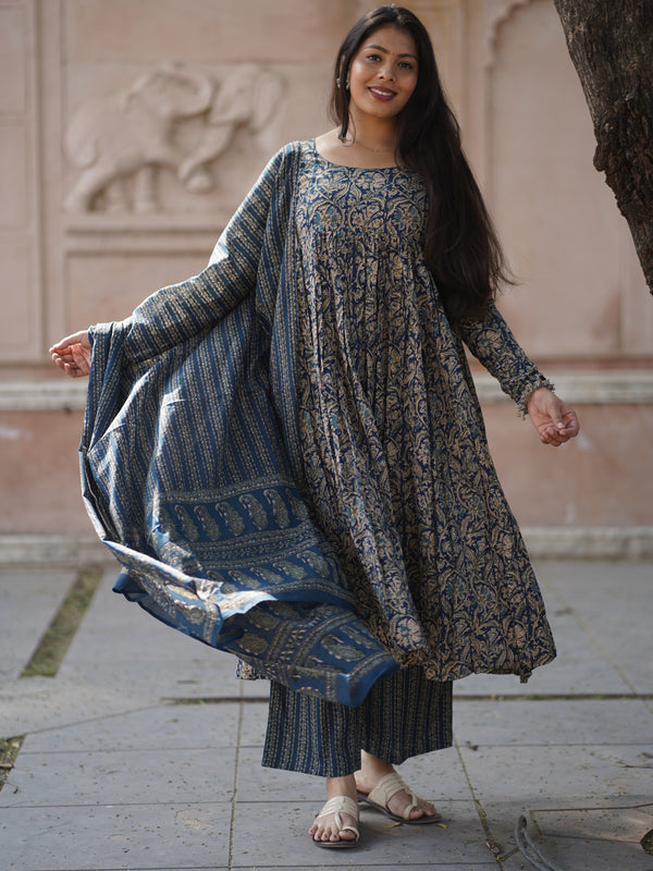 Blue kalamkari anarkali suit set