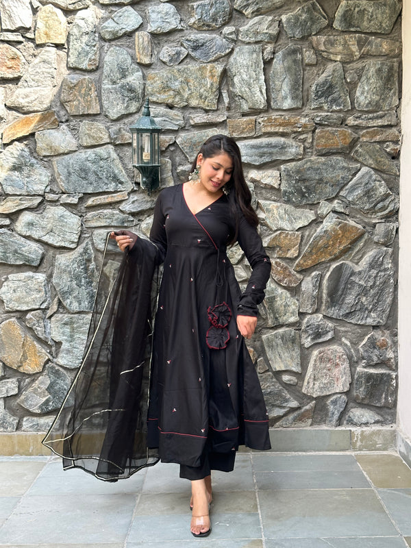 Black Self Embroidered Flare Suit Set - Jonaya