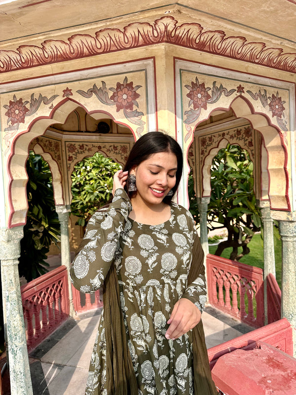 Olive floral Anarkali Suit Set - Jonaya