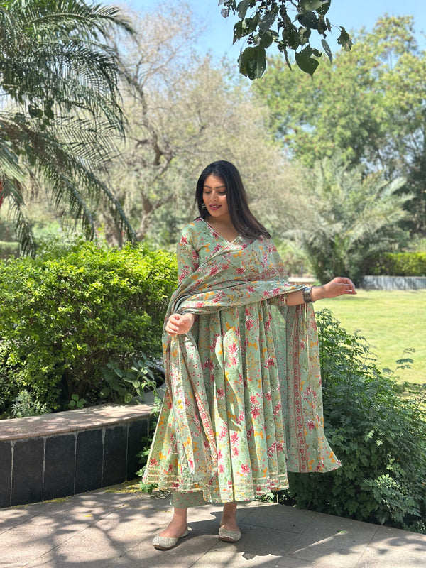 Pista Green Angrakha Gota Lace Anarkali Suit Set - Jonaya